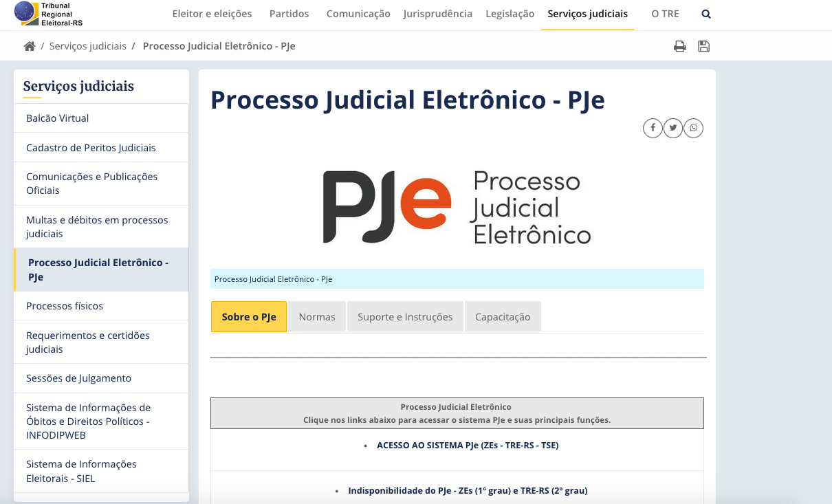 Imagem da página do PJe no site do TRE-RS.