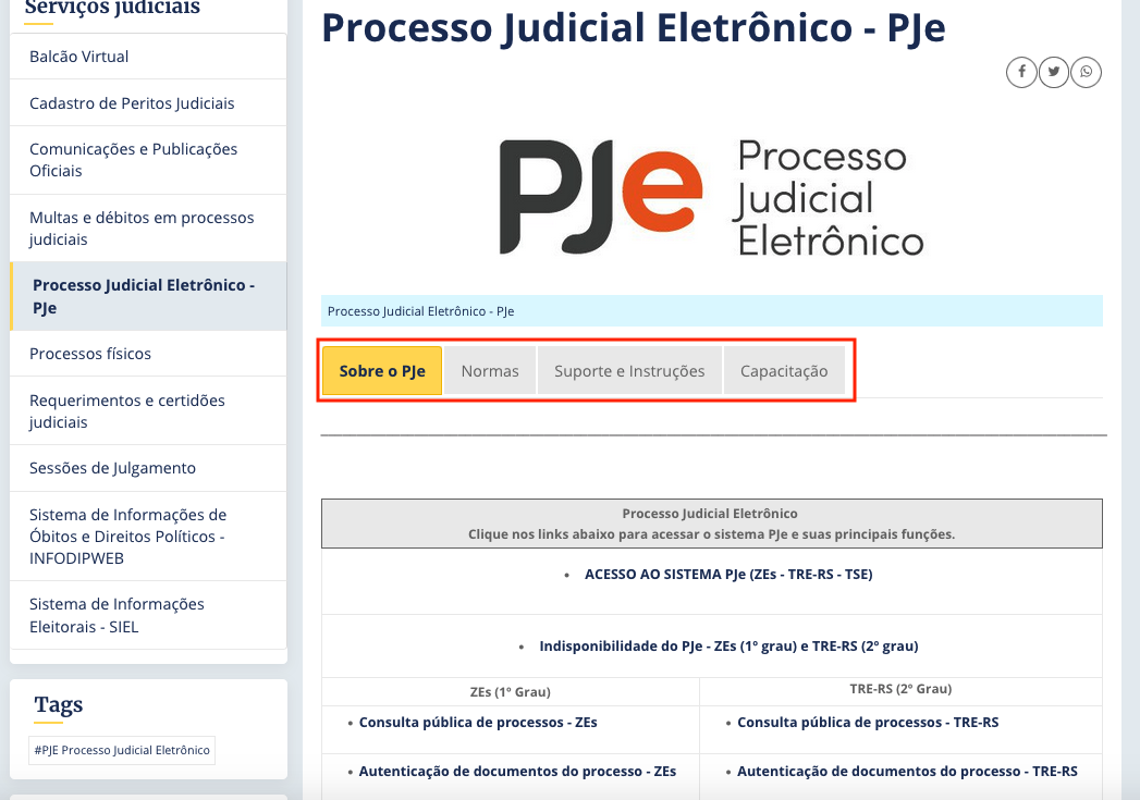 Imagem das abas na página do PJe no site do TRE-RS.