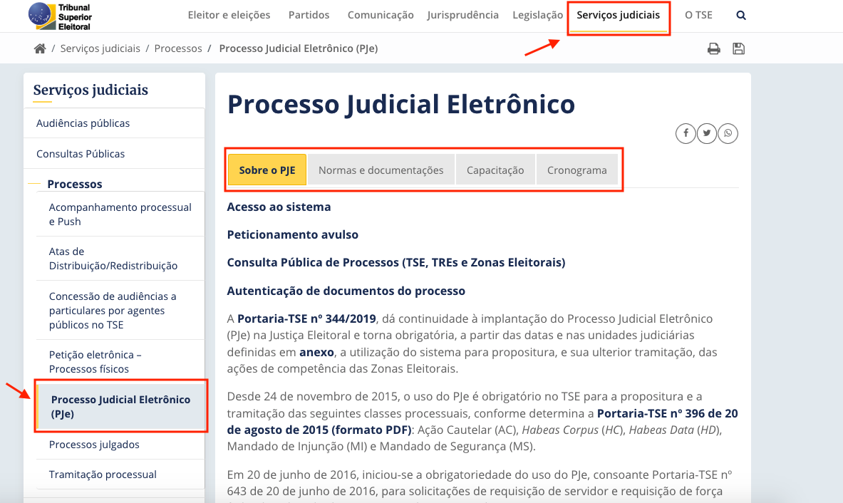 Página do PJe no site do TSE.