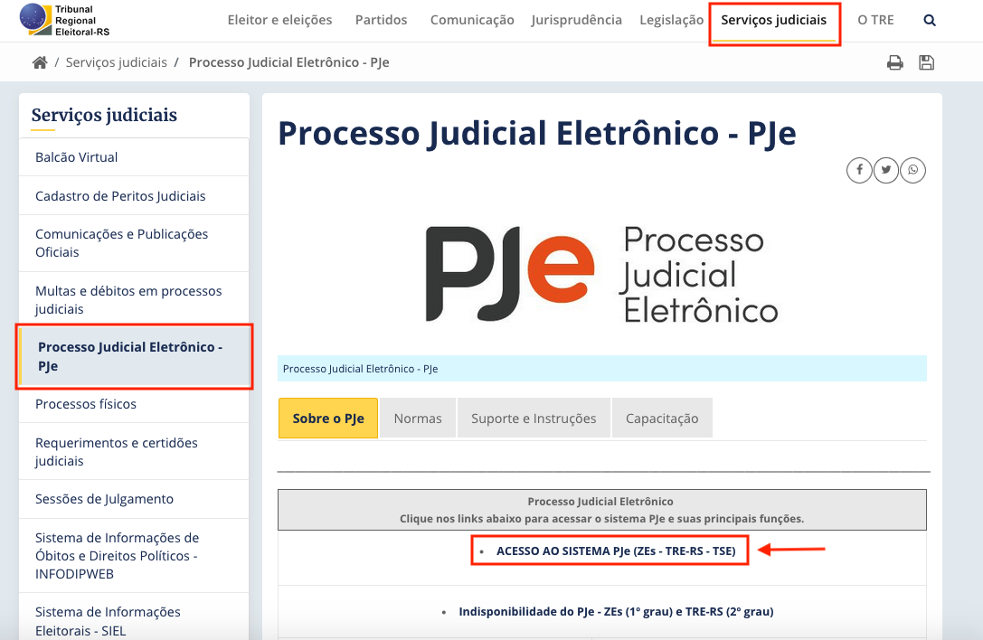 Link de acesso para as instâncias do PJe.