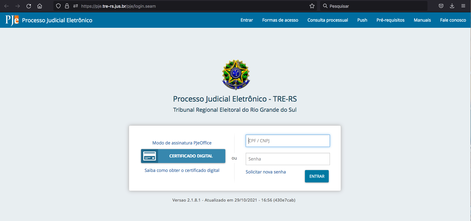 Imagem da tela de acesso ao PJe-TRE.
