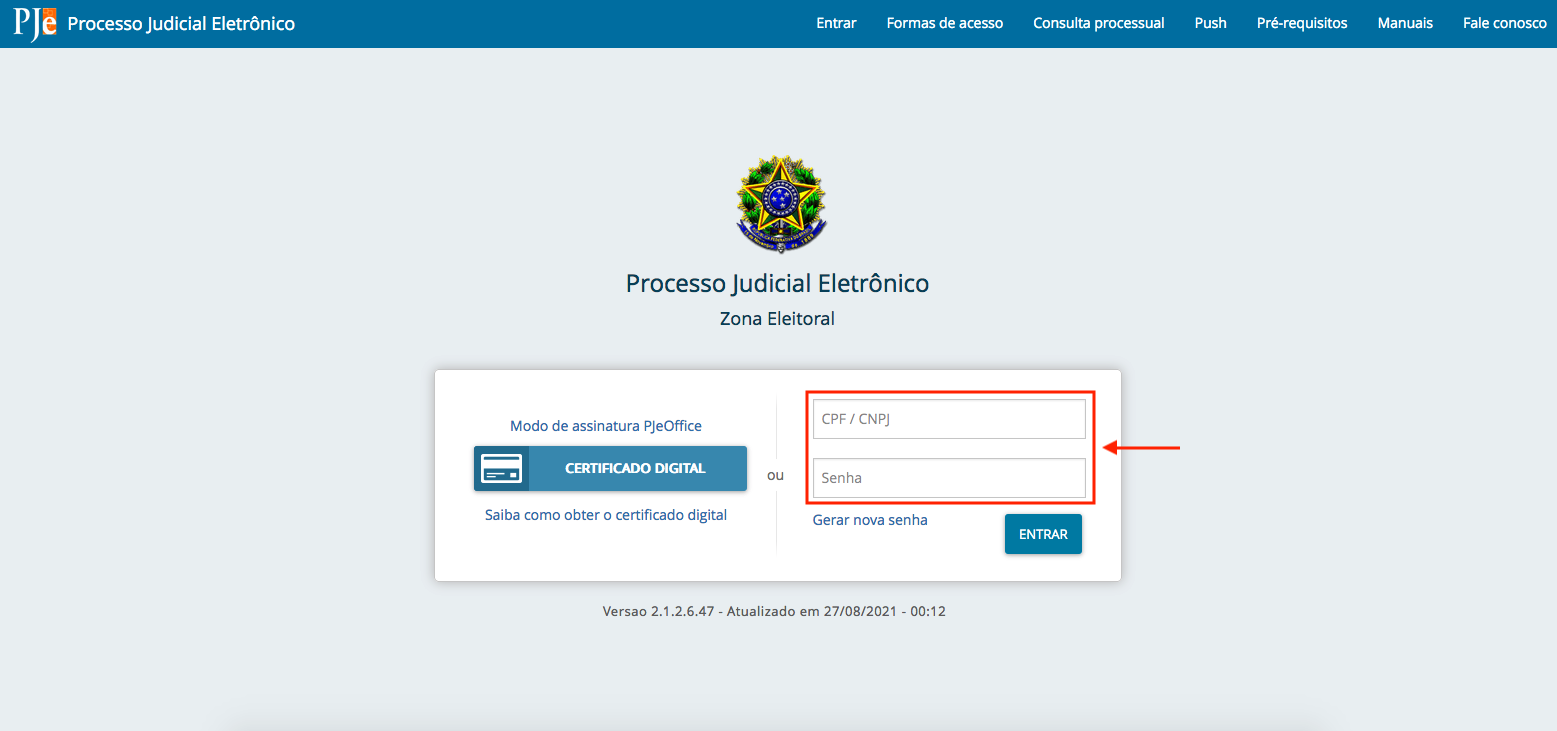 Imagem da tela inicial do PJe com destaque para os campos CPF e Senha.