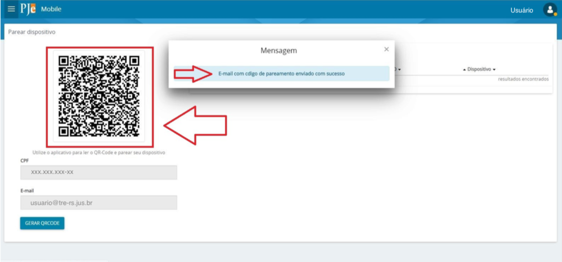 Imagem da tela do PJe com o QRCode e mensagem de e-mail com código de pareamento enviado.