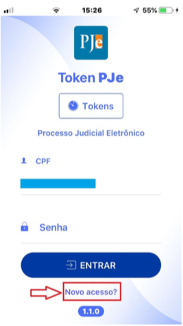 Imagem da tela para novo acesso no app Token PJe