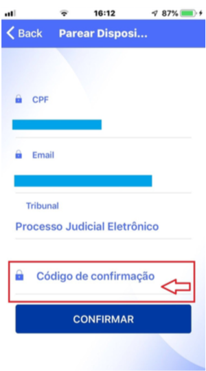 Digitação do código de pareamento no app Token PJe.