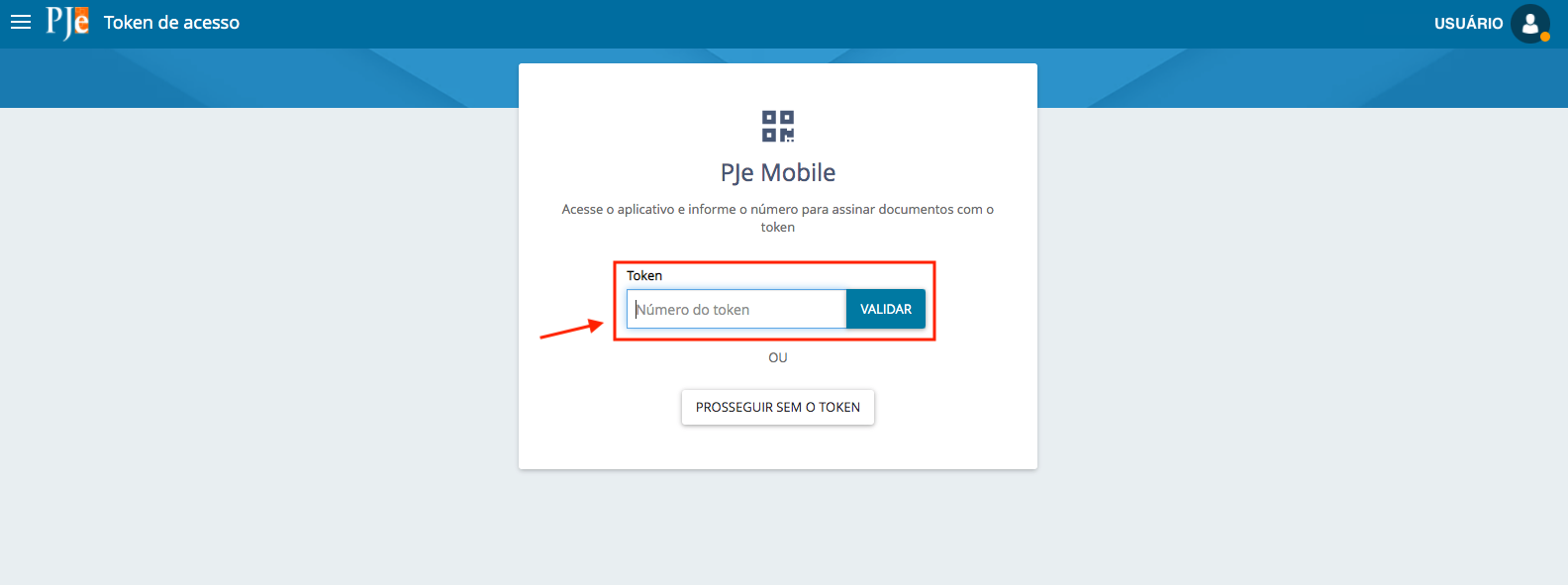 Imagem da tela do PJe solicitando token.