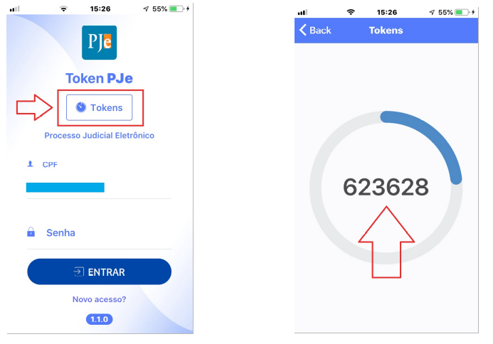 Imagem da geração de tokens no app Token PJe.