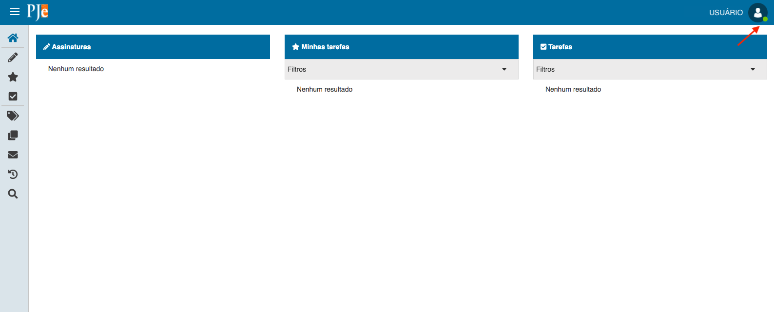 Imagem da tela do PJe, mostrando a bolinha verde ao lado do nome do usuário.