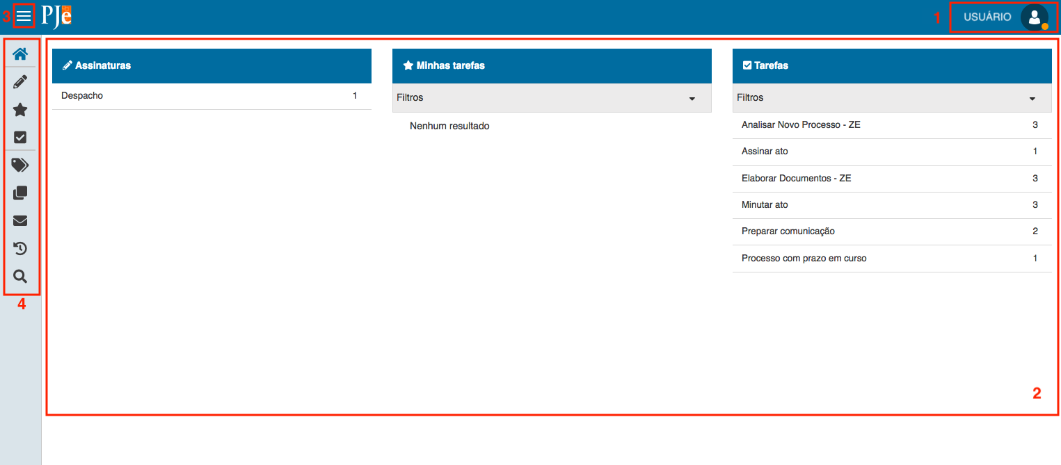 Tela principal do PJe com suas diversas áreas em destaque.