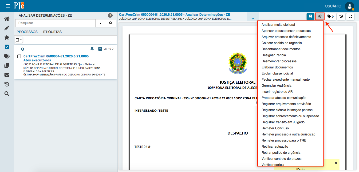 Imagem da tarefa Analisar Determinações - ZE com destaque para o menu "Encaminhar para...".