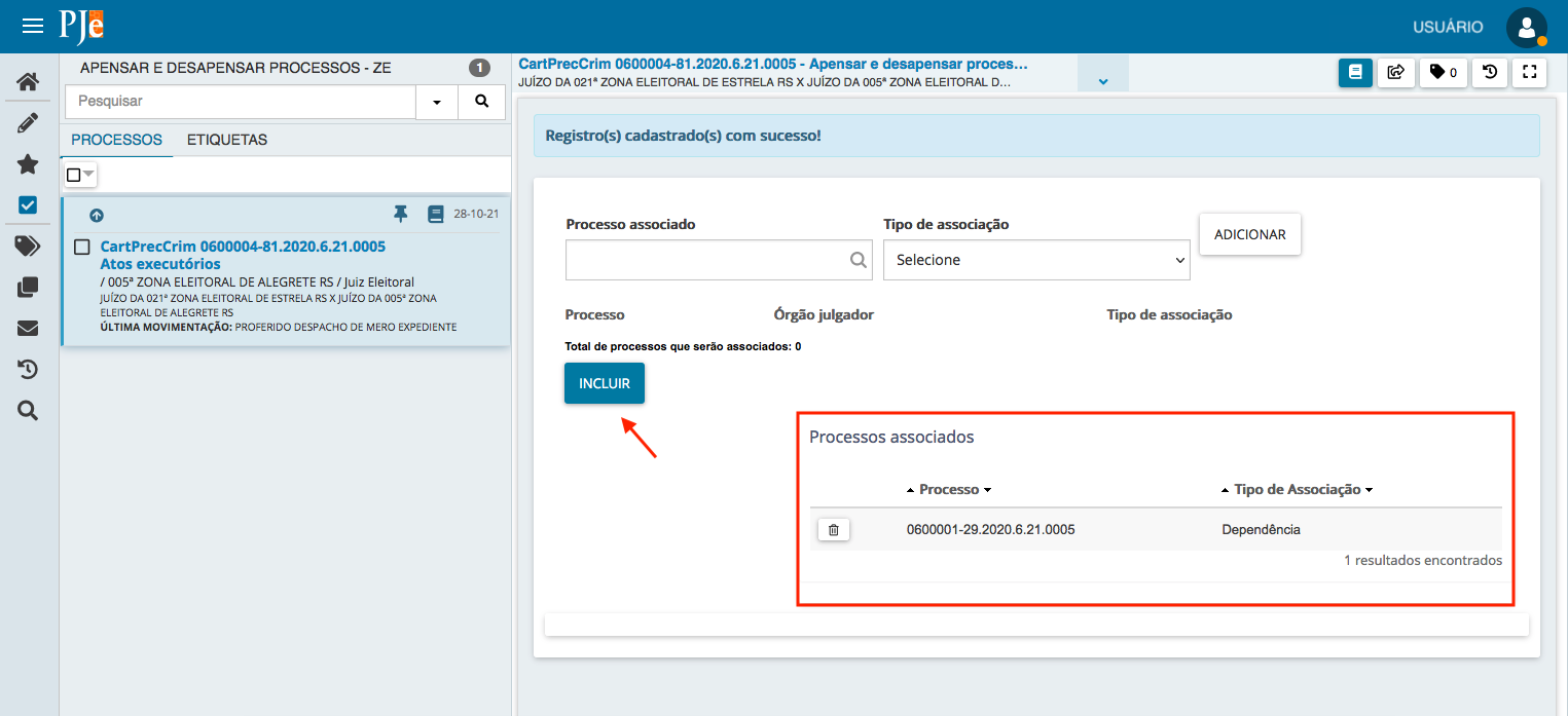 Imagem da tela da tarefa "Apensar e desapensar processos - ZE", com destaque para a área de processos associados.