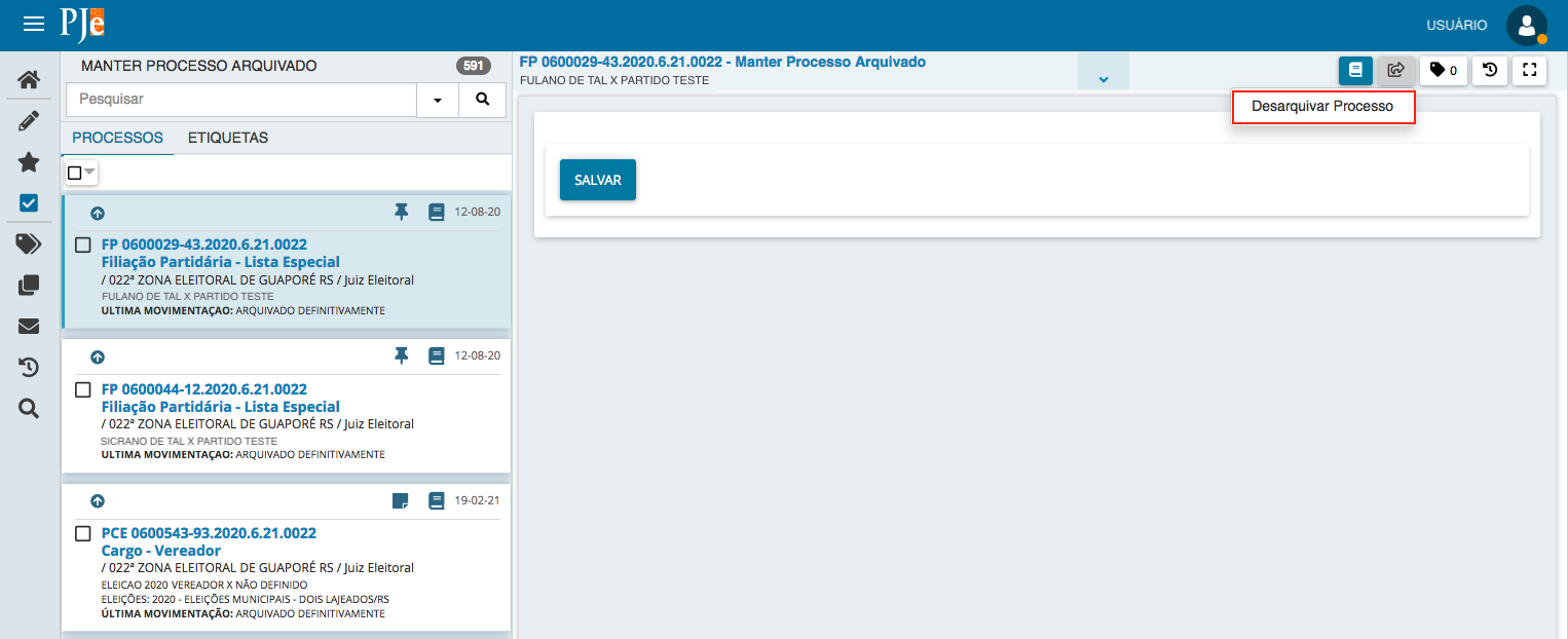 Imagem da tela da tarefa "Manter processo arquivado".