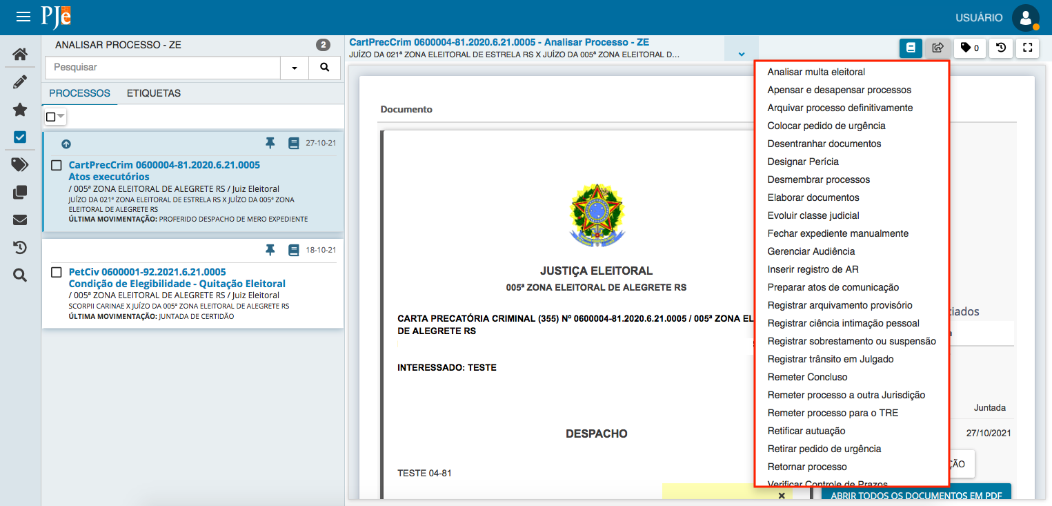 Imagem da tela com a tarefa Analisar Processo - ZE, com destaque para as opções do botão "Encaminhar para...".