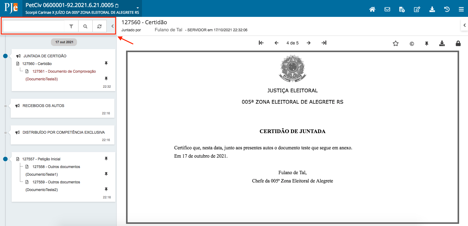 Imagem do filtro da área de cronologia dos documentos e movimentos.
