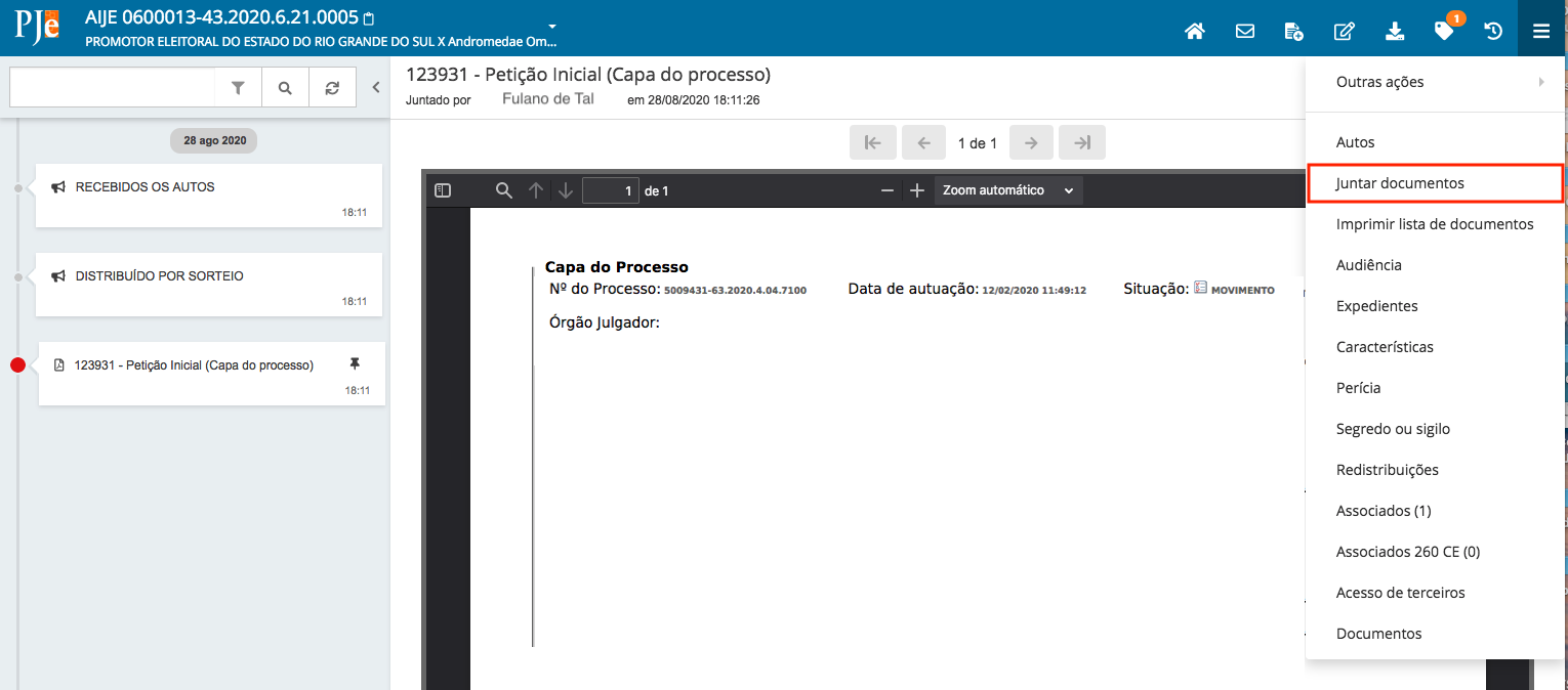 Imagem dos autos digitais com a opção Juntar Documentos do menu em destaque.