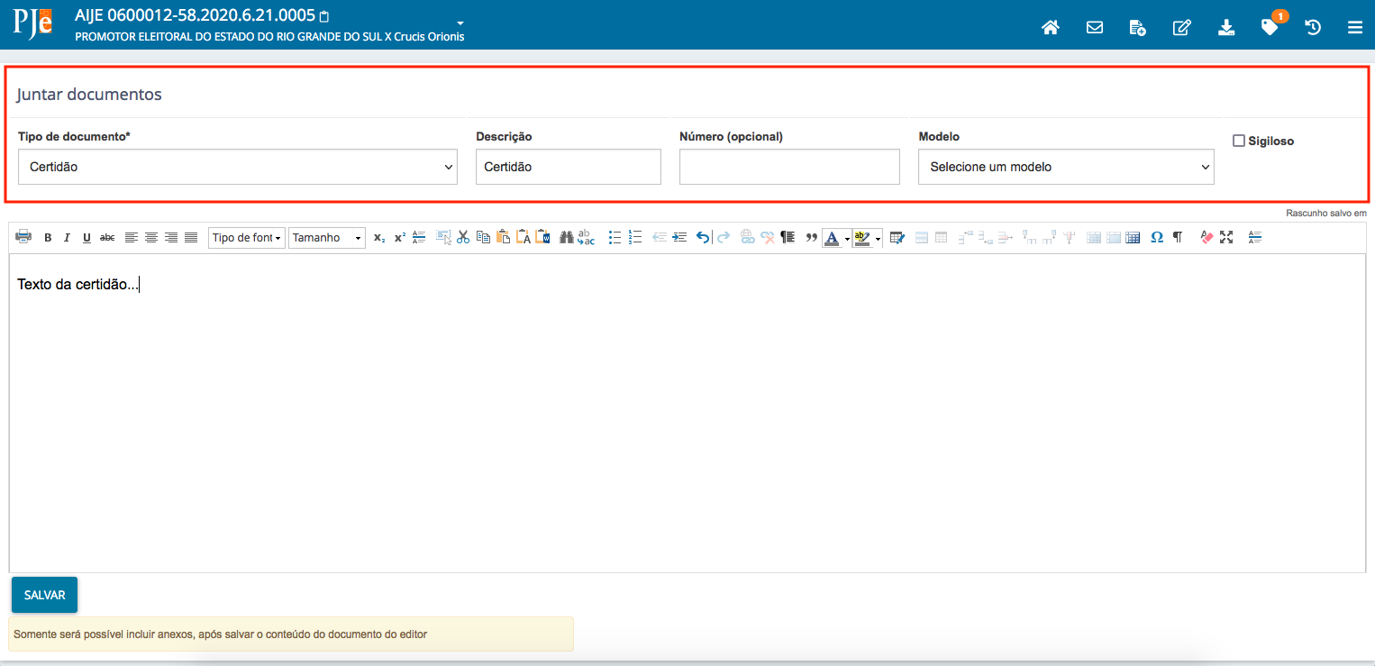 Imagem da tela da funcionalidade de juntada de documentos com destaque nos campos de preenchimento.