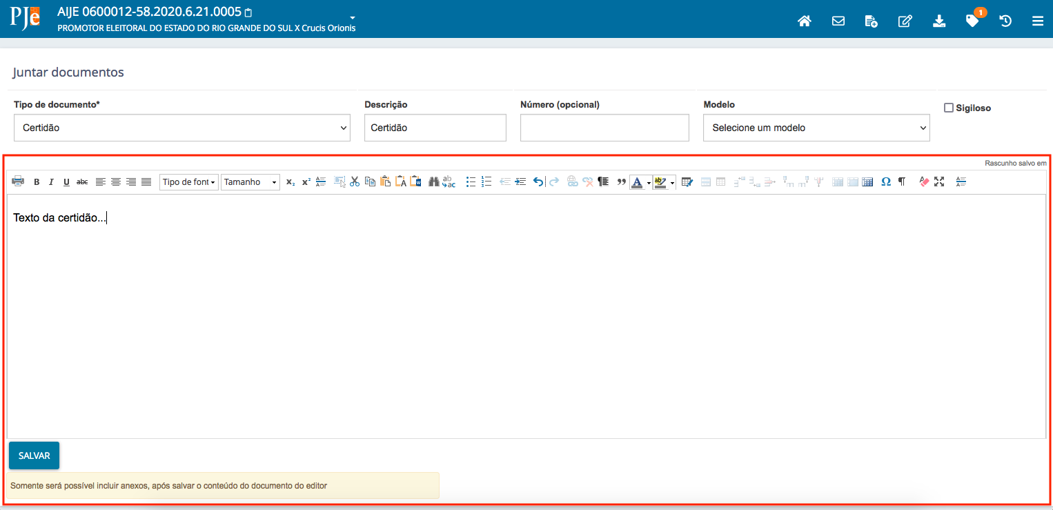 Imagem do editor de textos da tela da juntada de documentos.
