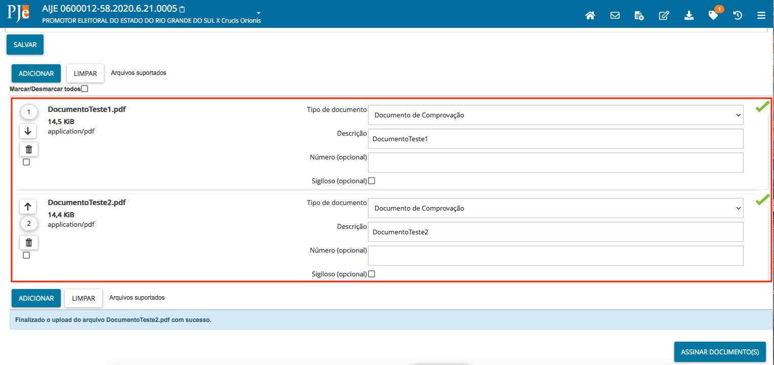 Imagem da tela da juntada de documentos, com dois anexos adicionados e com o tipo preenchido.
