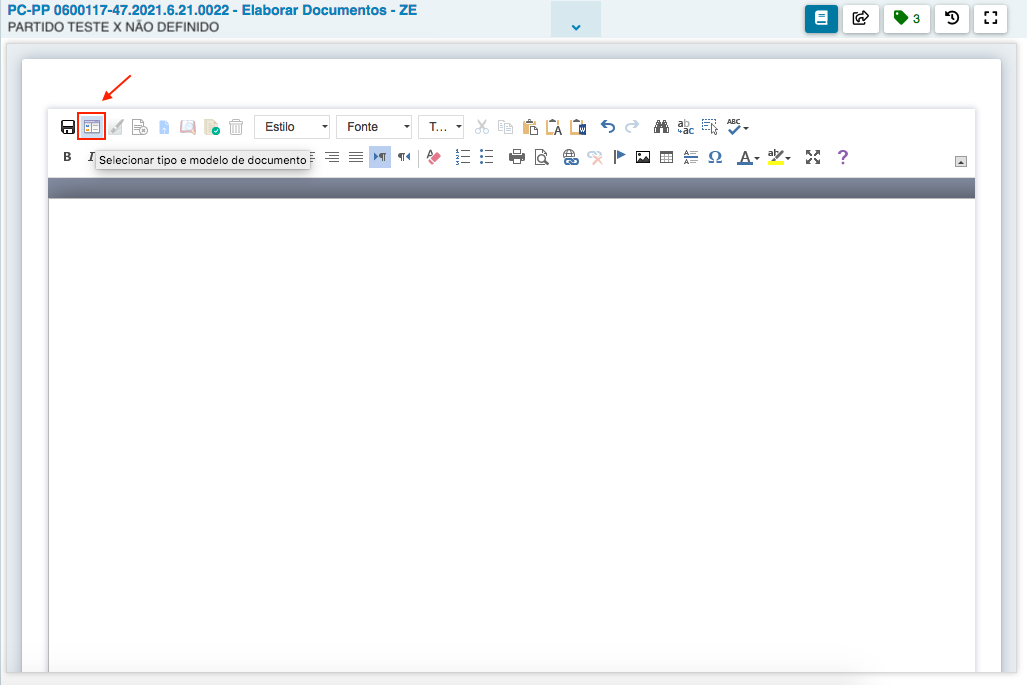 Imagem da tela Elaborar Documentos - ZE com destaque no botão para selecionar tipo e modelo.