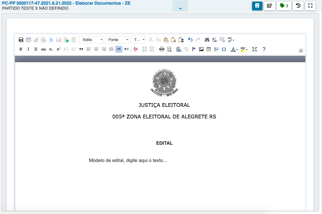 Imagem da tela Elaborar Documentos - ZE com o modelo de documento carregado no editor.