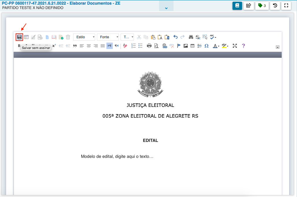 Imagem da tela Elaborar Documentos - ZE com destaque para o botão salvar.