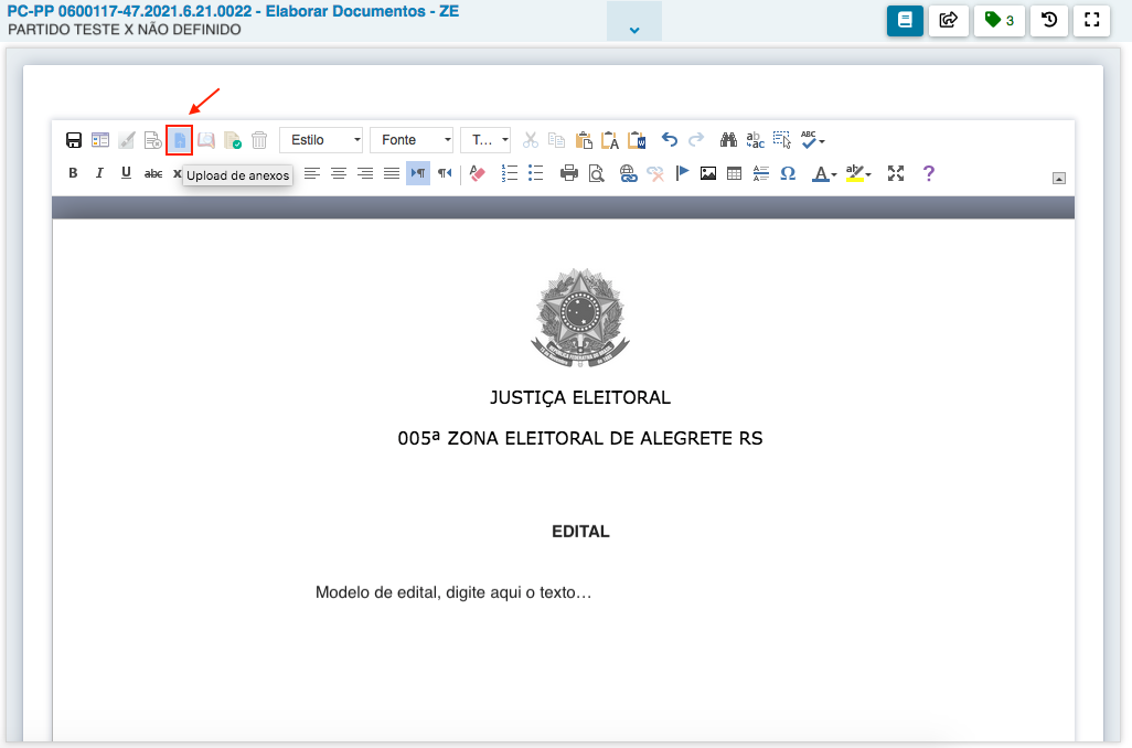 Imagem da tela Elaborar Documentos - ZE com destaque para o botão de upload de anexos.