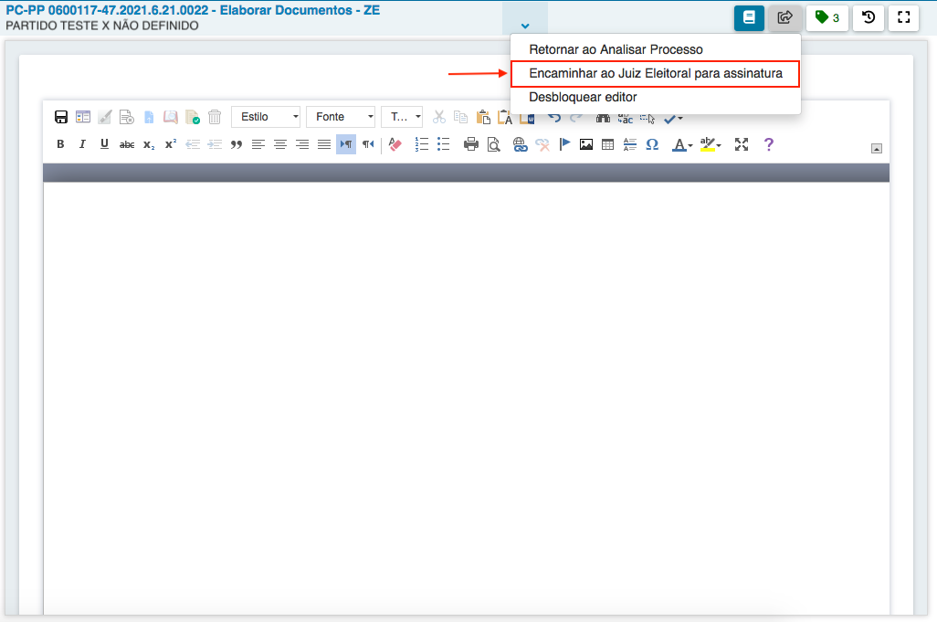 Imagem da tela Elaborar Documentos - ZE com a opção para encaminhar ao Juiz Eleitoral selecionada.