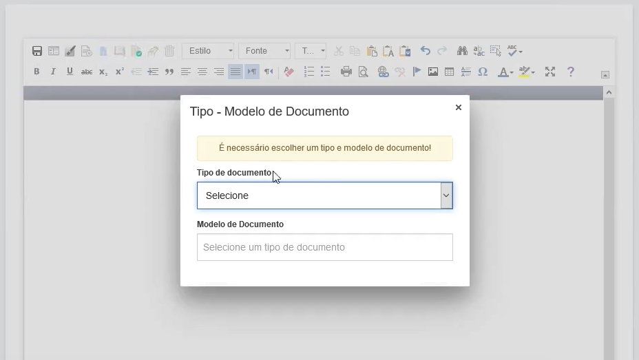 Imagem da tela para selecionar tipo e modelo de documento.