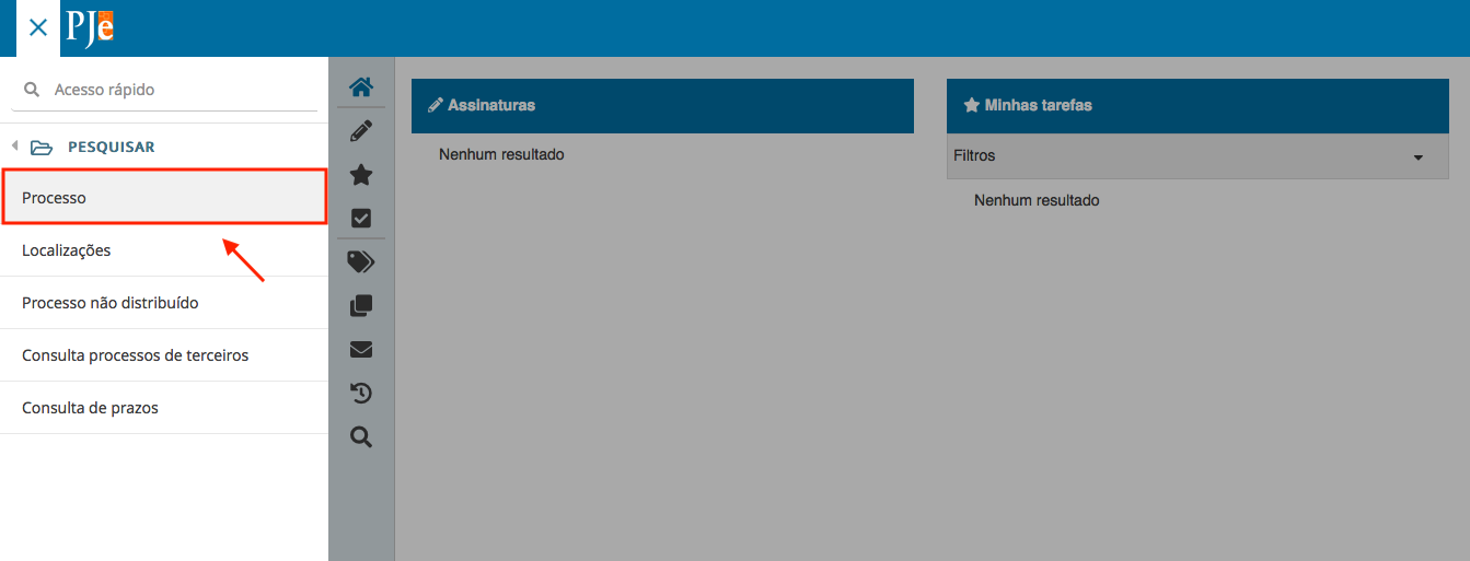 Imagem do menu principal com submenu "Pesquisar" e opção "Processo" em destaque.