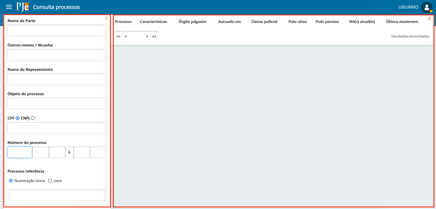 Imagem da tela da consulta processual com destaque para a área de critérios (à esquerda) e área de resultados (à direita).