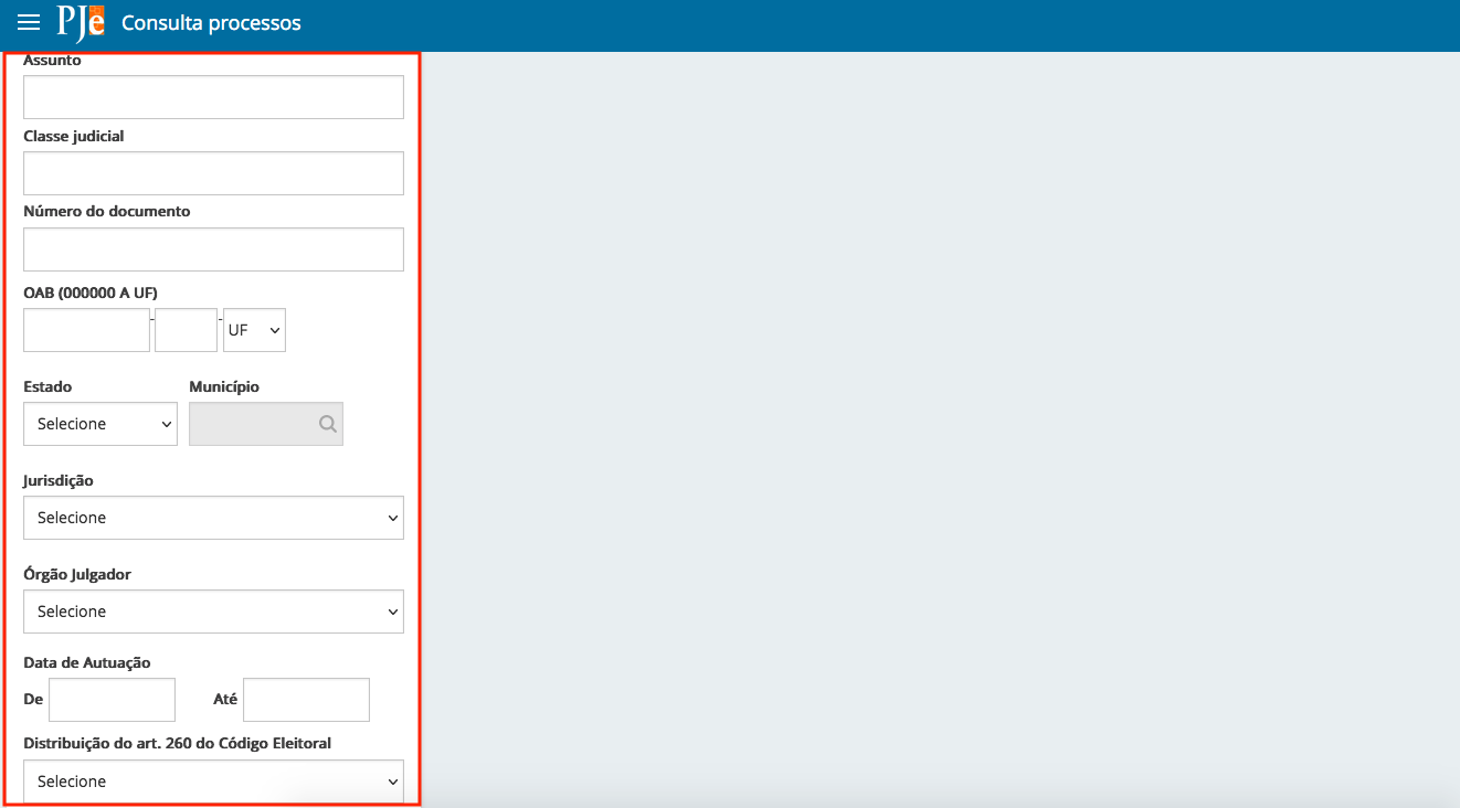 Imagem da tela da consulta de processos com destaque nos critérios à esquerda da tela.