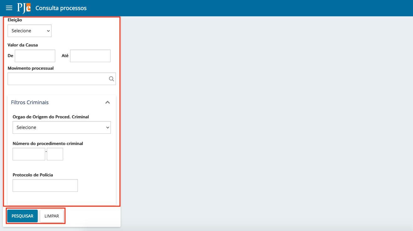 Imagem da tela de consulta de processos com destaque nos critérios (à esquerda) e nos botões "Pesquisar" e "Limpar".