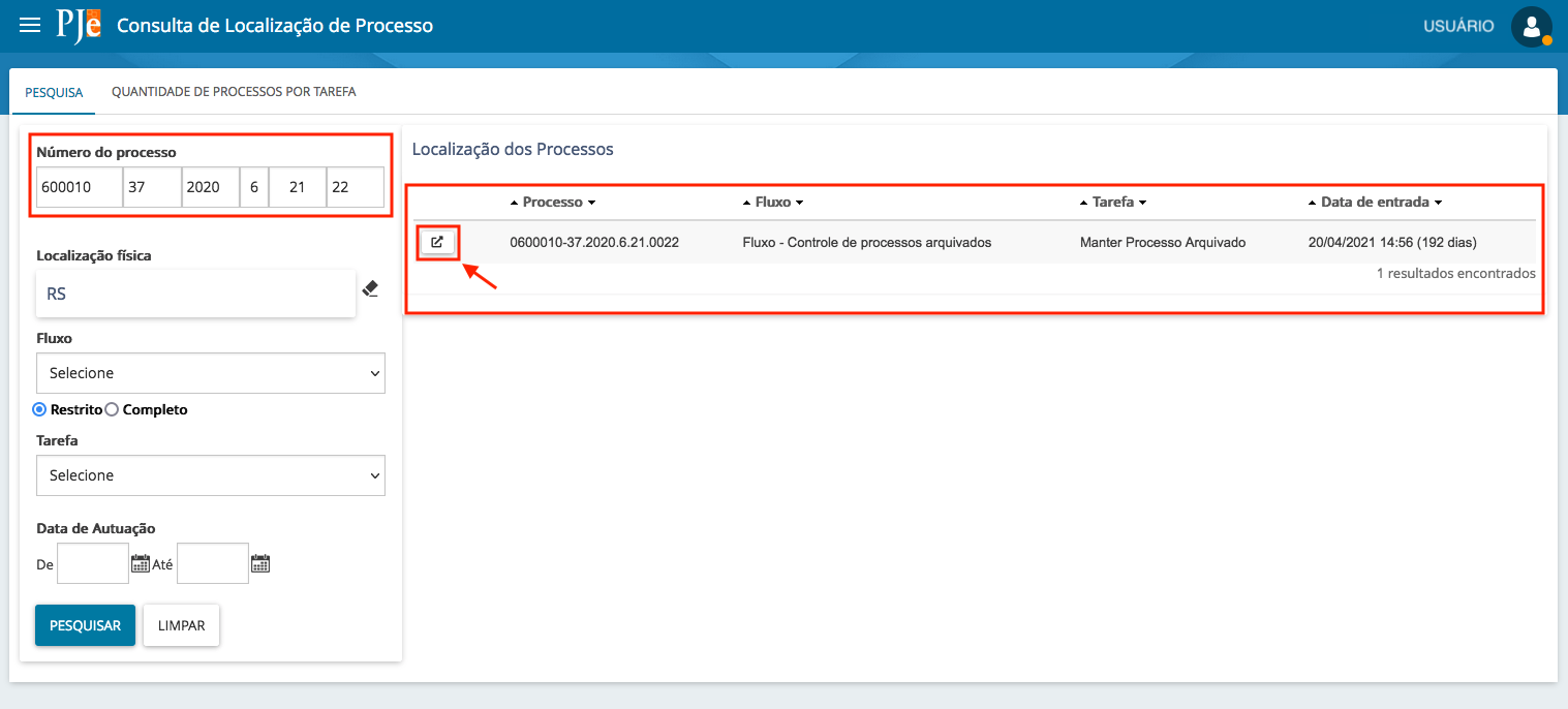 Imagem da tela da consulta de localização pelo número do processo com o resultado.
