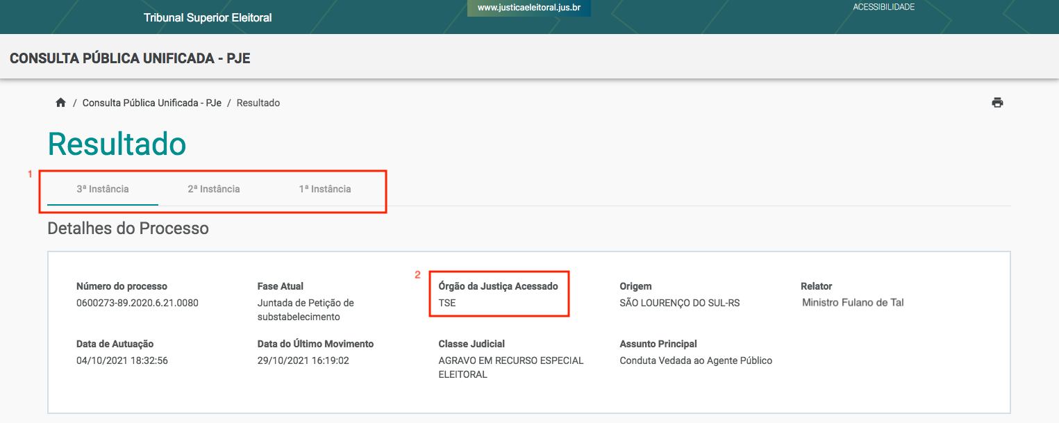 Imagem da tela da consulta pública unificada com destaque para as abas das instâncias.