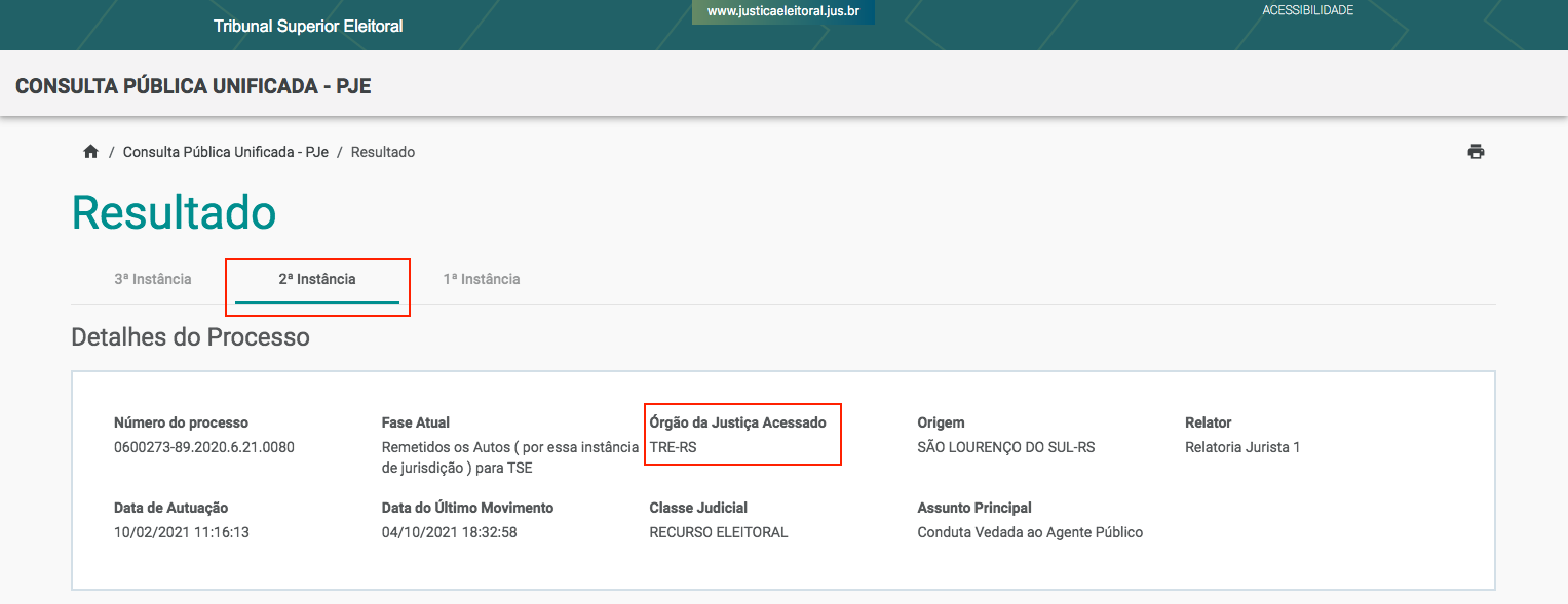 Imagem da tela da consulta pública unificada com a aba "2ª Instância" selecionada.