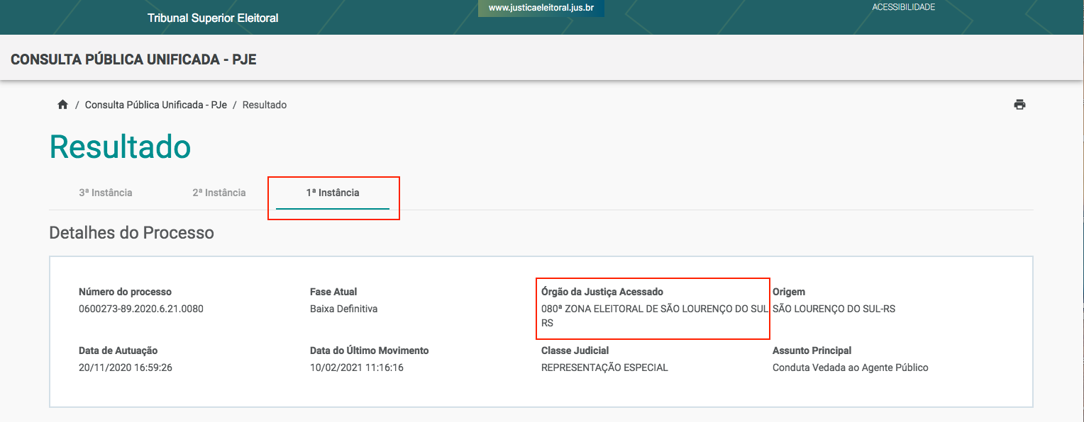 Imagem da tela da consulta pública unificada com a aba "1ª Instância" selecionada.