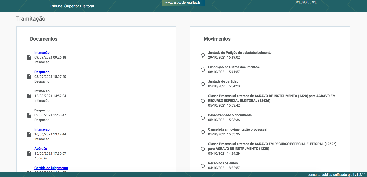 Imagem da tela da consulta processual unificada com os documentos e movimentos da tramitação.