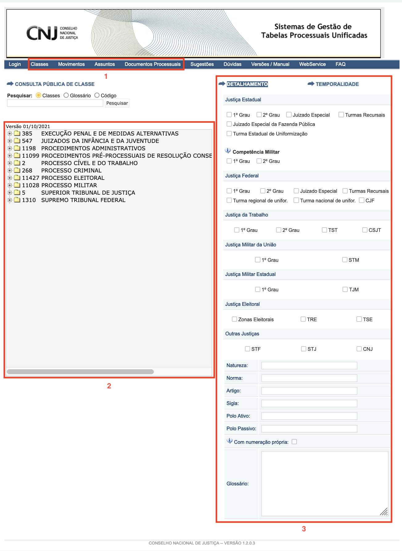 Imagem do site do Sistemas de Gestão de Tabelas Processuais Unificadas