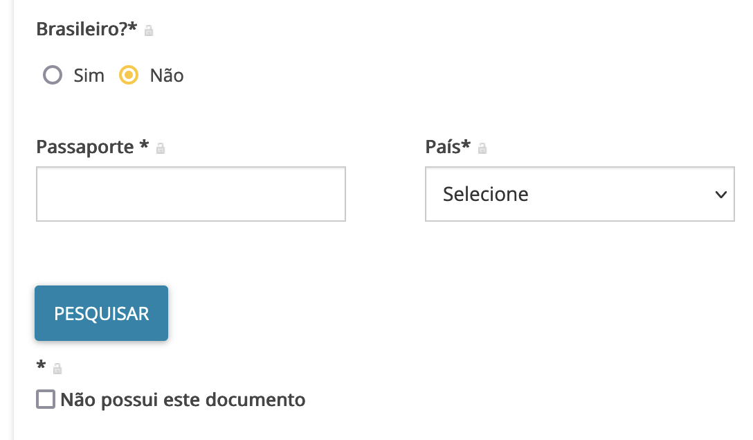 Imagem das opções caso selecionada a opção "Brasileiro não", quais sejam: passaporte, país.