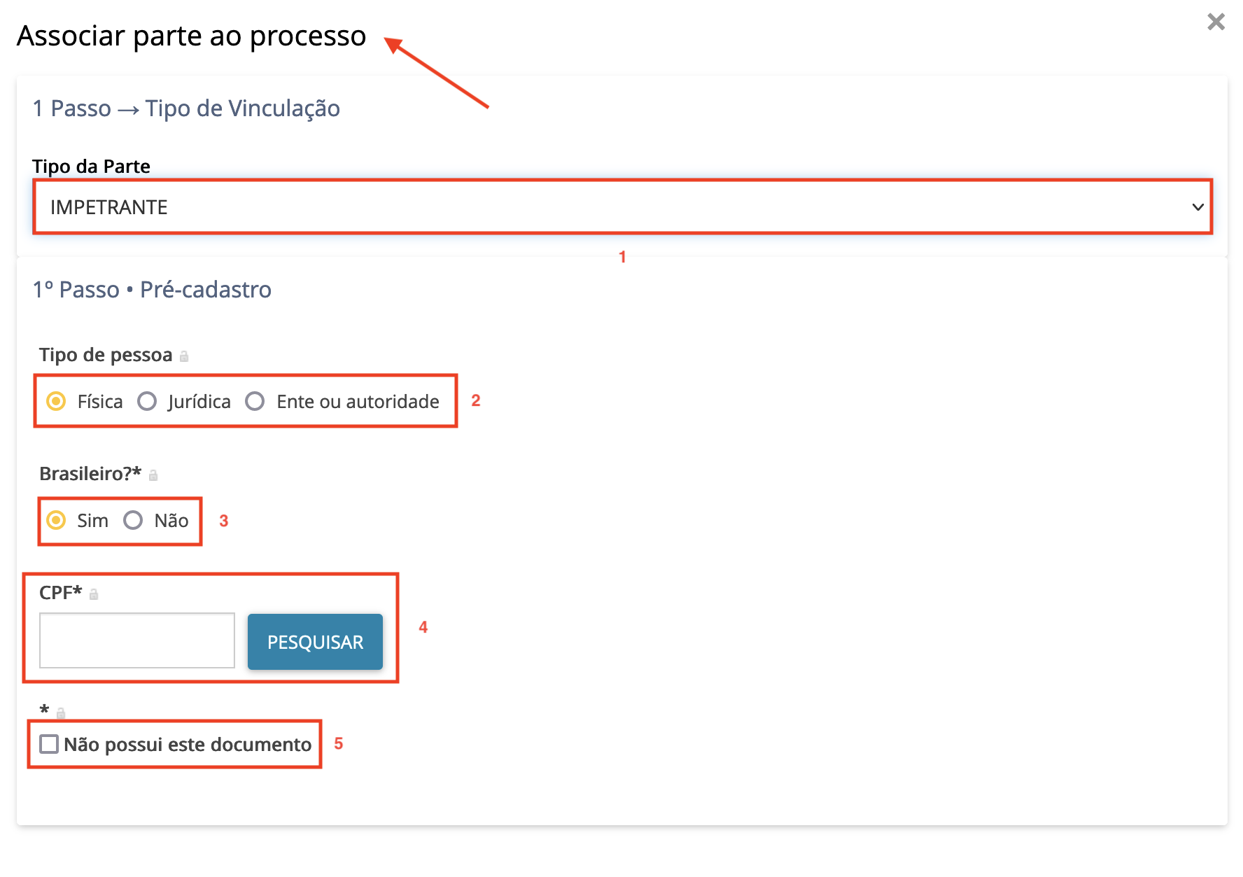 Imagem das opções após clicar em Adicionar parte (+): Tipo de parte, Tipo de pessoa, brasileiro, CPF e outros.