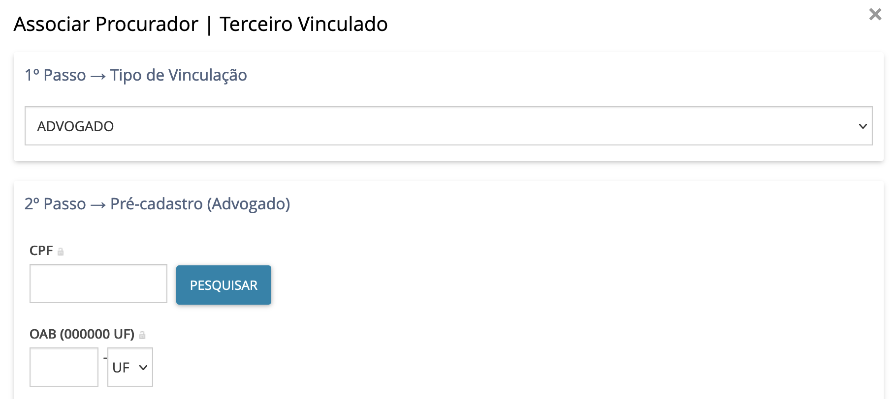 Imagem das opções após clicar em Adicionar parte (+): Tipo de vinculação, CPF e OAB/UF.