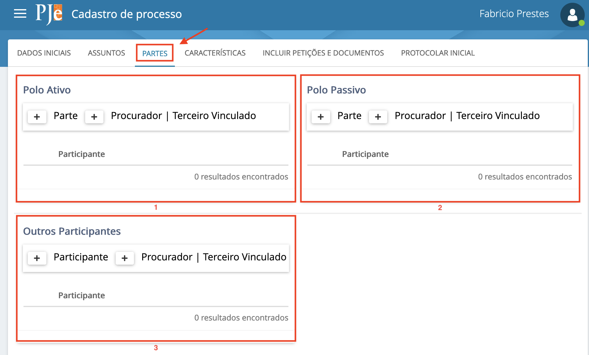 Imagem da aba Partes, com as colunas "Polo Ativo", "Polo Passivo" e "Outros Participantes".