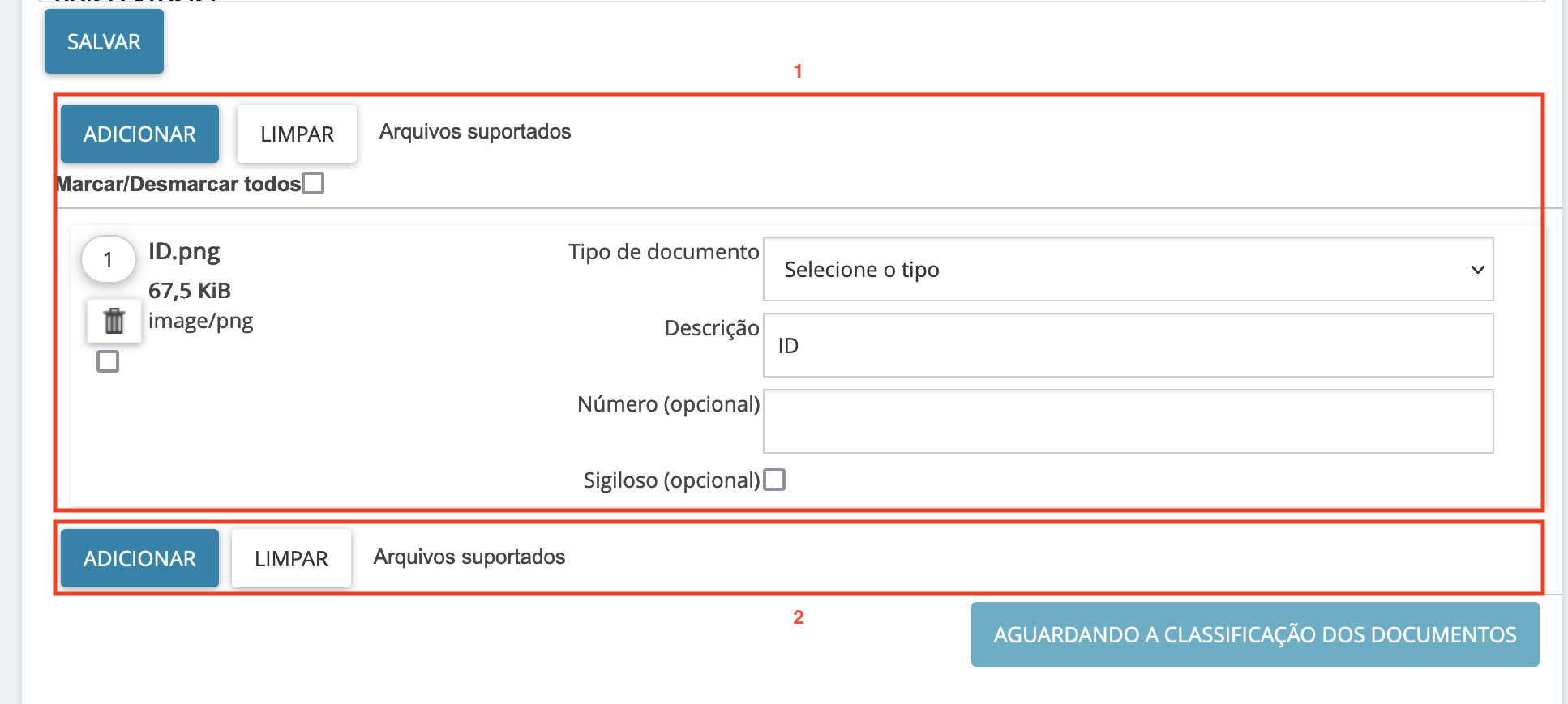 Imagem que demonstra as opções após clicar em "adicionar" documentos: tipo de documento, descrição, número, sigiloso, outros.