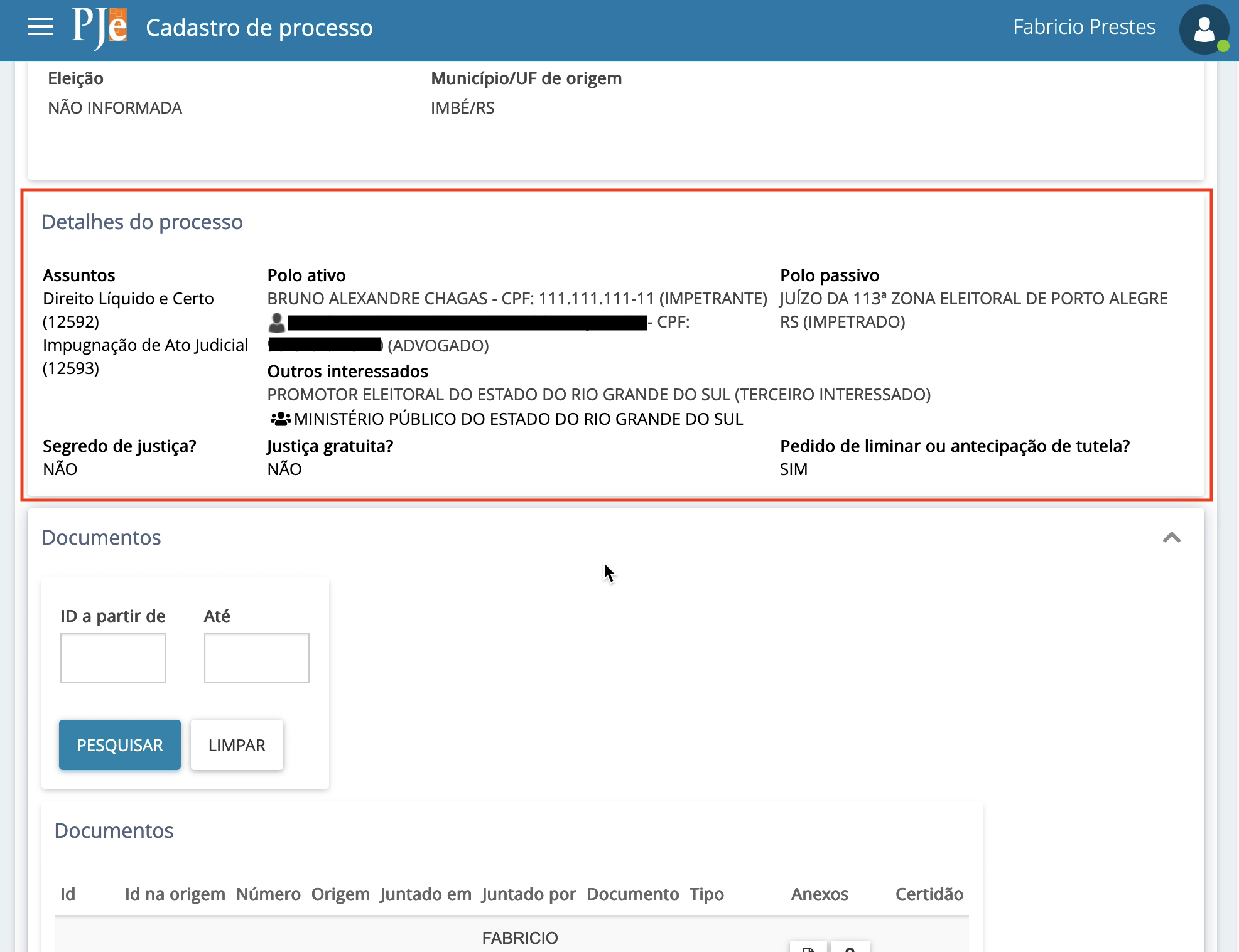 Imagem de continuação da aba Protocolar com as informações dos detalhes do processo como o assunto e as partes cadastradas.