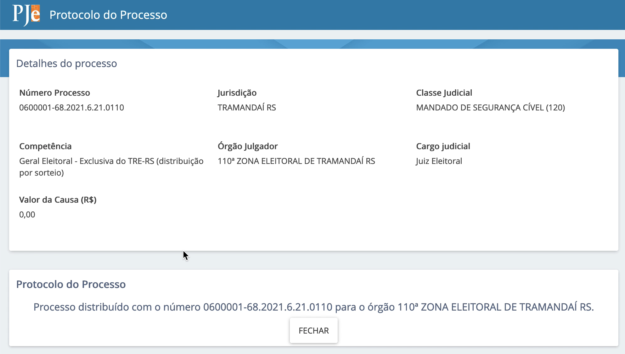 Imagem da confirmação do protocolo, com as informações dos detalhes do processo como o juízo e o número do processo.