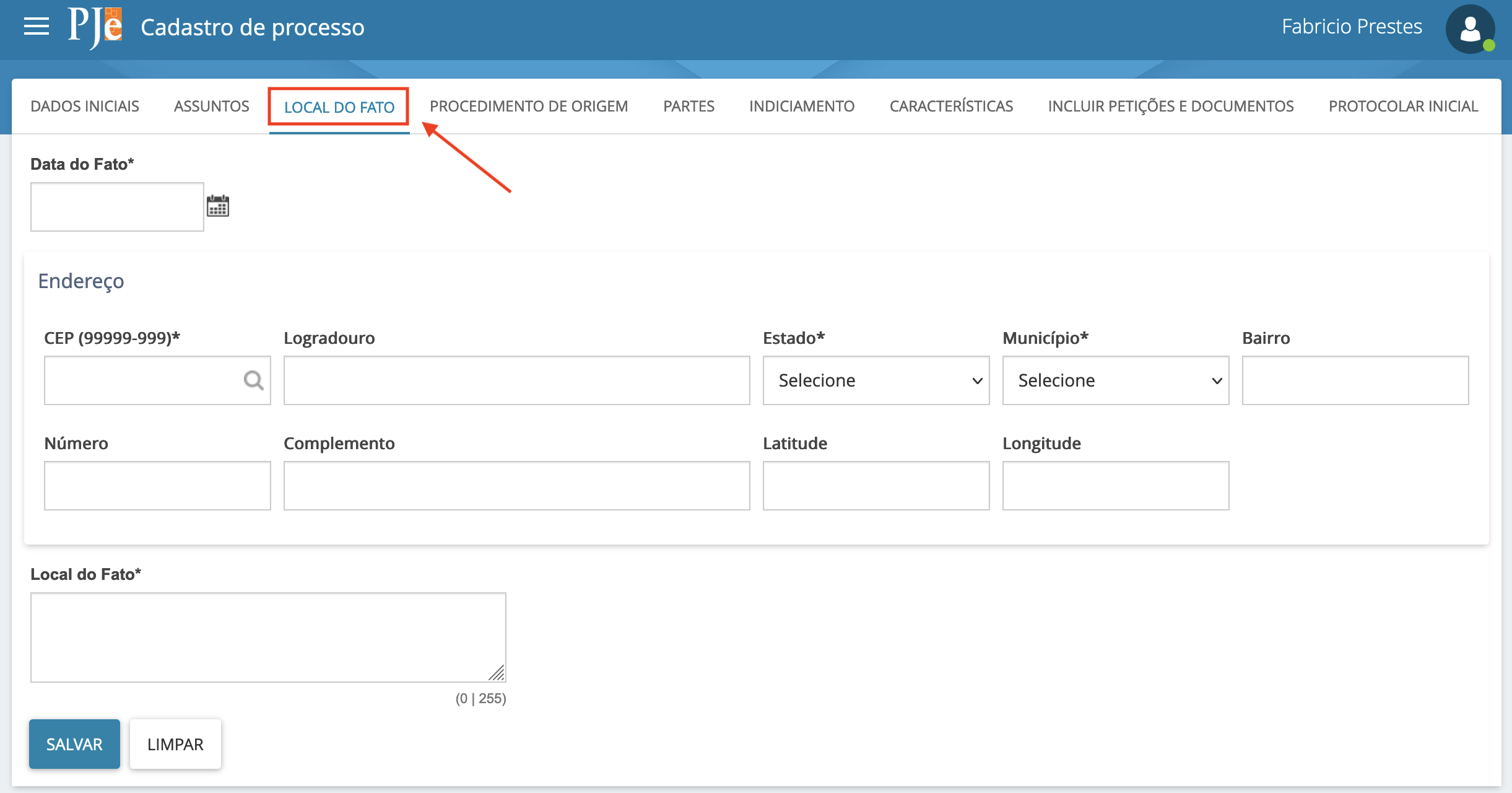 Imagem da aba Local do Fato e os diversos campos para preenchimento como data do fato, endereço e local do fato.