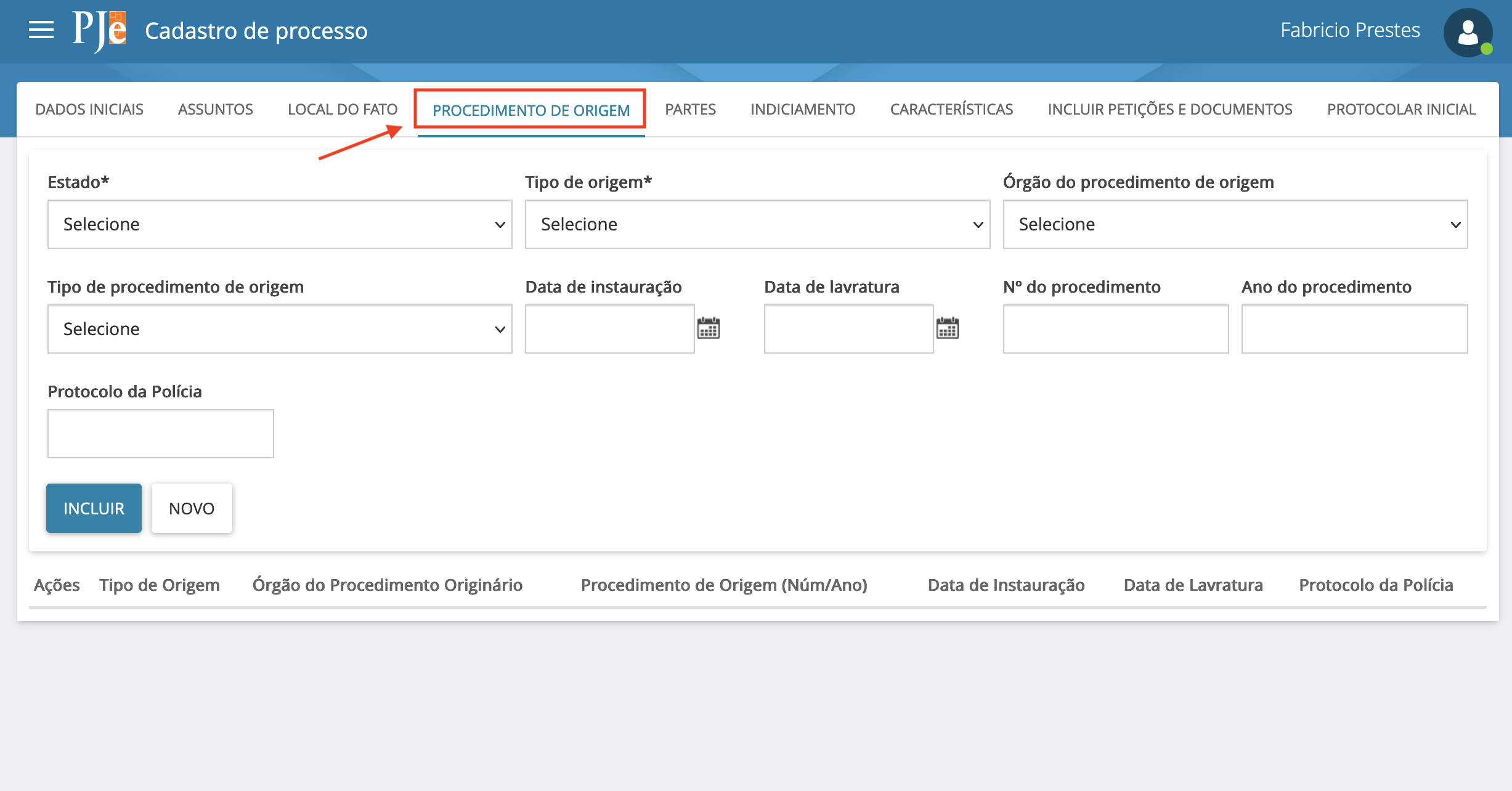 Imagem da aba Procedimento de Origem com diversos campos como estado, tipo de origem, órgão do procedimento de origem, outros