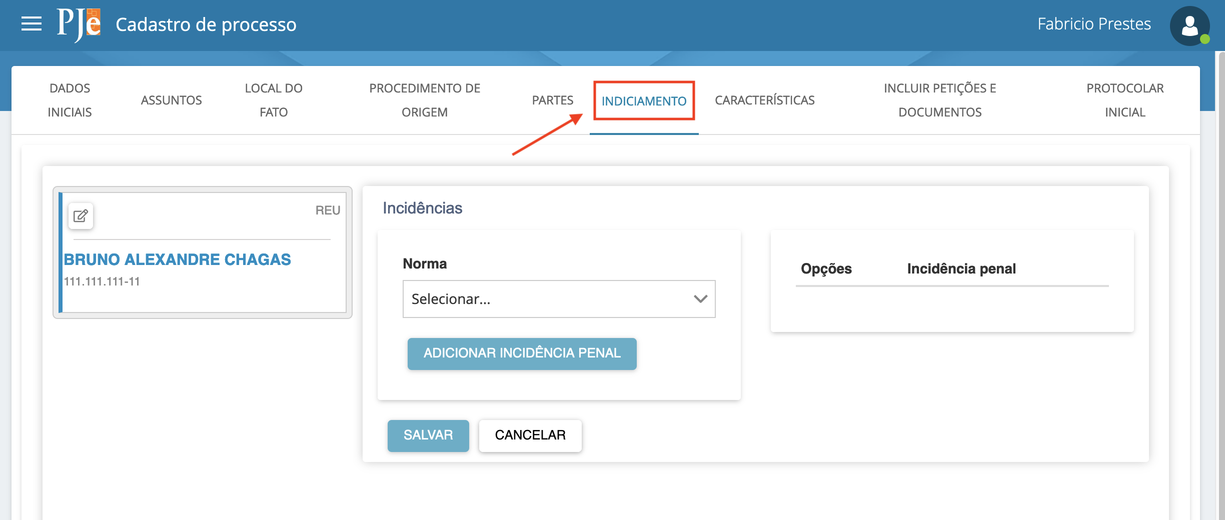 Imagem da aba Indiciamento com uma parte ré e a opção de "adicionar incidência penal" após selecionar "norma".