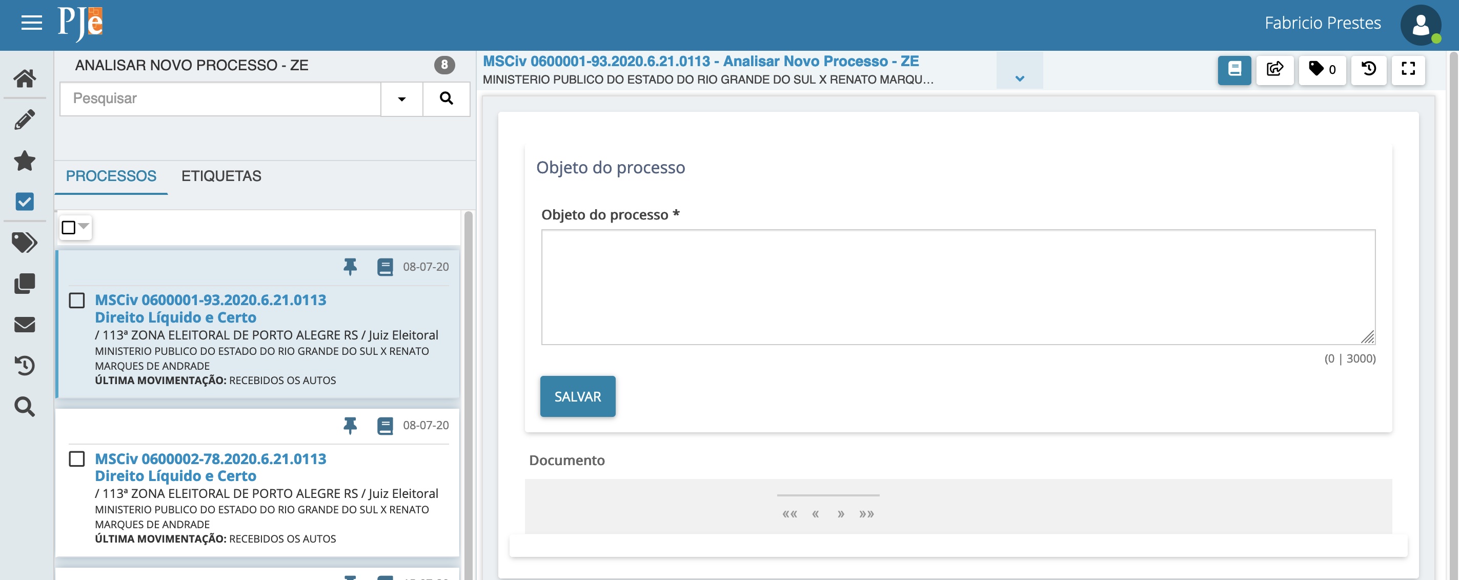 Imagem após selecionar um processo na aba Analisar Novo processo - ZE, apresentando a opção "Objeto do processo".