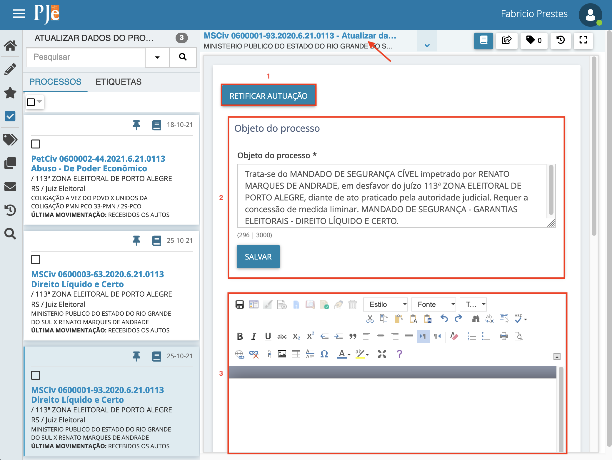 Imagem com as opções do processo na tarefa atualizar dados do processo: retificar a autuação(1), objeto(2) e editor texto(3).